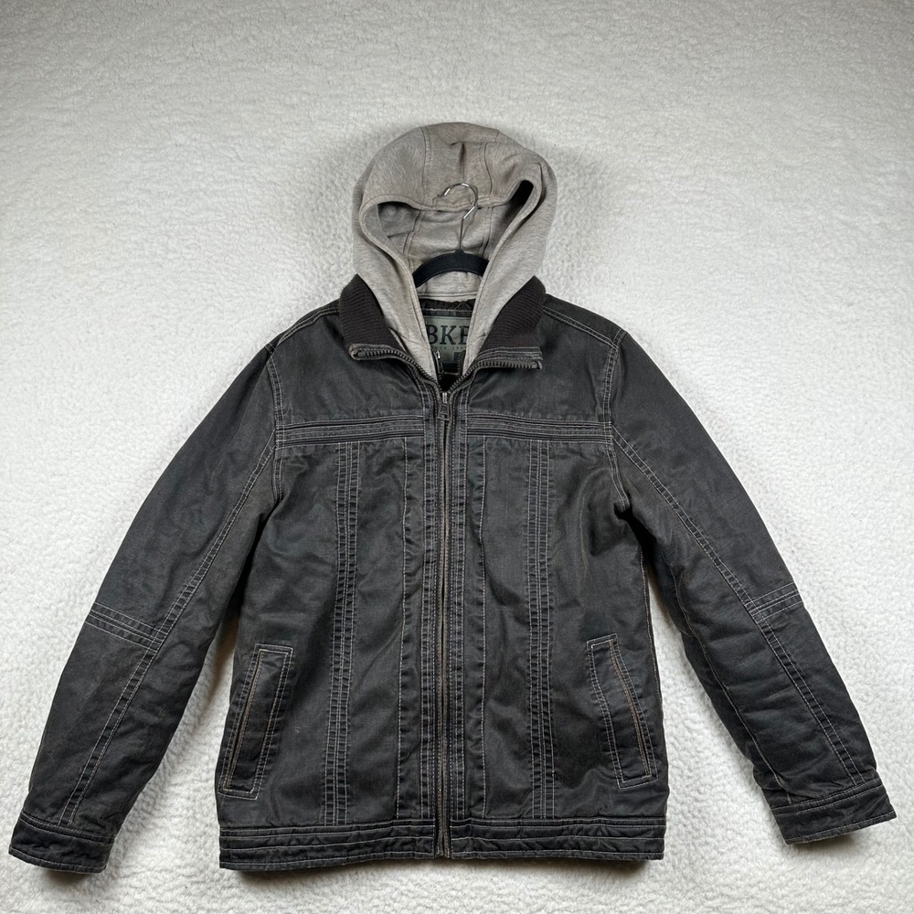 BKE Casual Canvas Motorcycle Jacket Black Gray Hooded Military Parka Workwear S